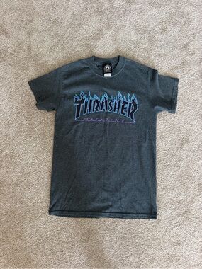 Thrasher Kids Charcoal Tee with Blue & Purple Flame Logo